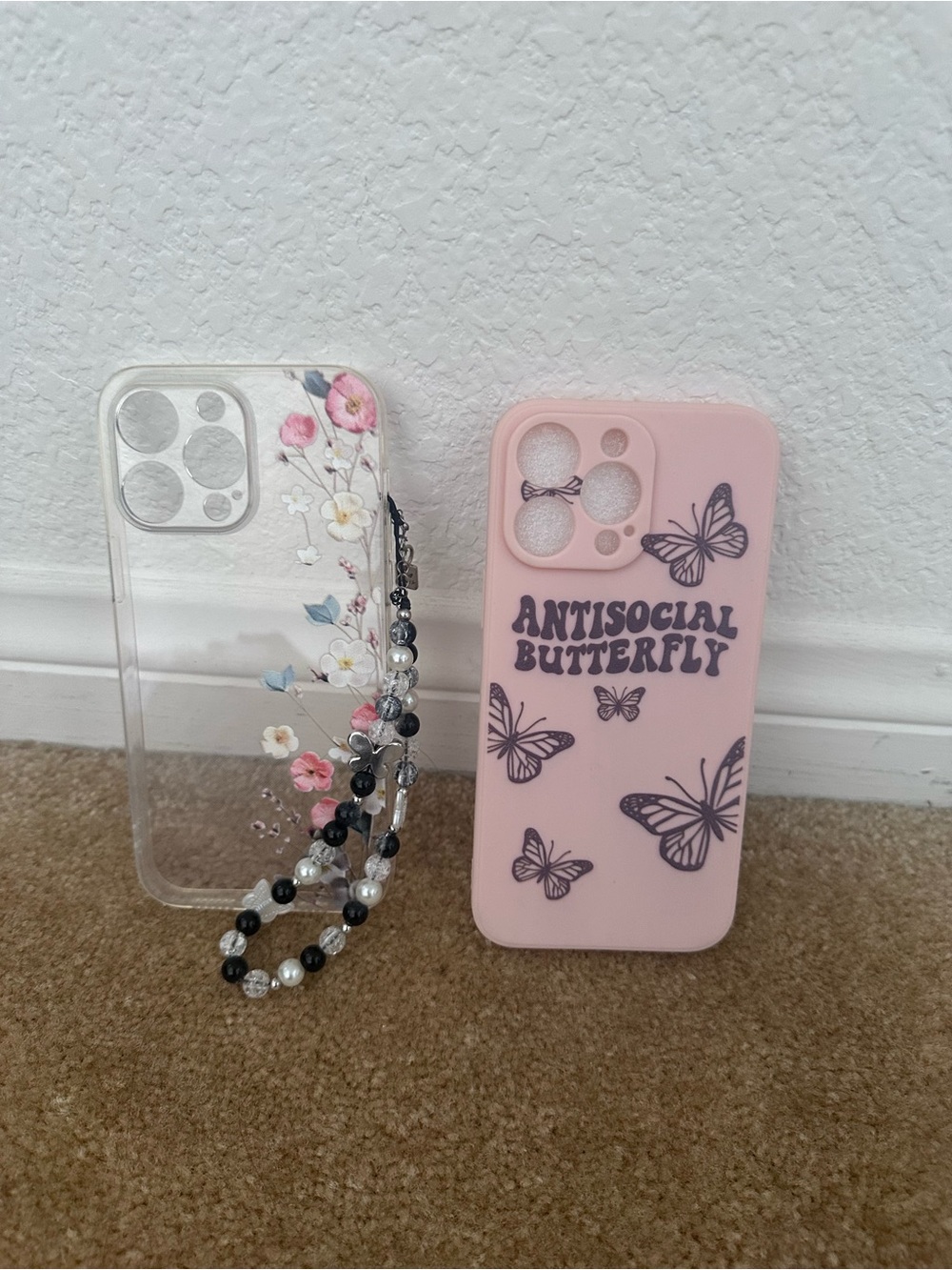 iPhone 14 Pro Max Case Bundle Floral Clear Charm & Pink Butterfly 🦋